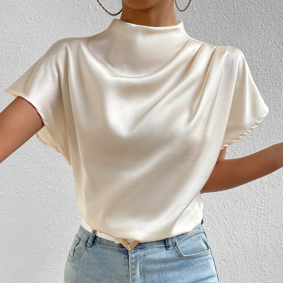 . Tops - Apricot Casual Womens Mock Neck Batwing Sleeve Satin Blouse